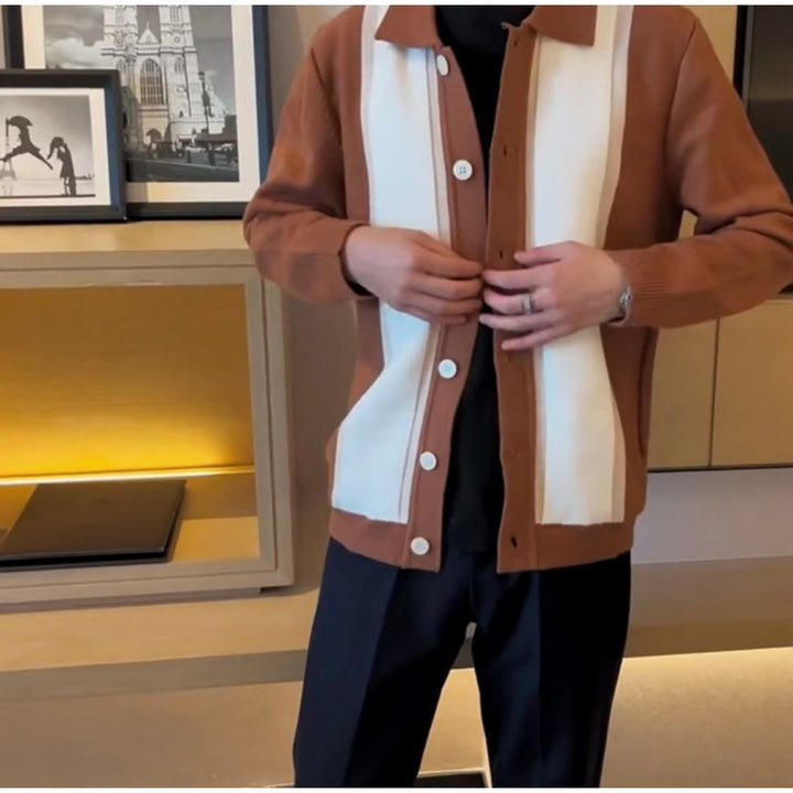 Women's Fine Knit Cardigan with Polo Collar, Contrasting Ribbed Inserts and Continuous Button Placket Mune Fashion
