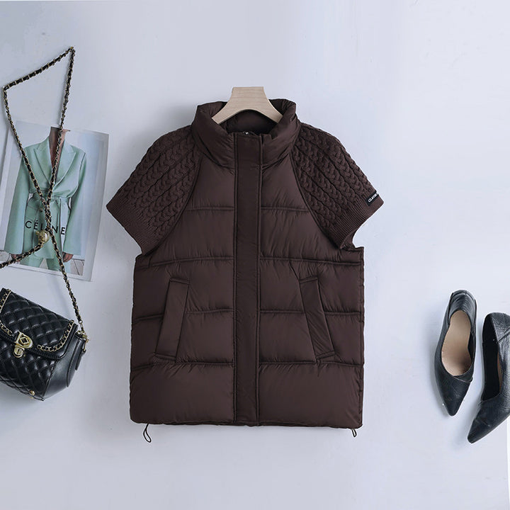 Women's short padded quilted vest with short-sleeved cable knit shoulder section and high-closing stand-up collar Mune Fashion