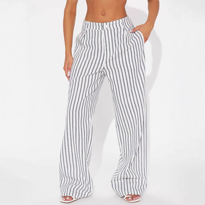 Women's linen look palazzo pants with high waist and vertical stripes Mune Fashion