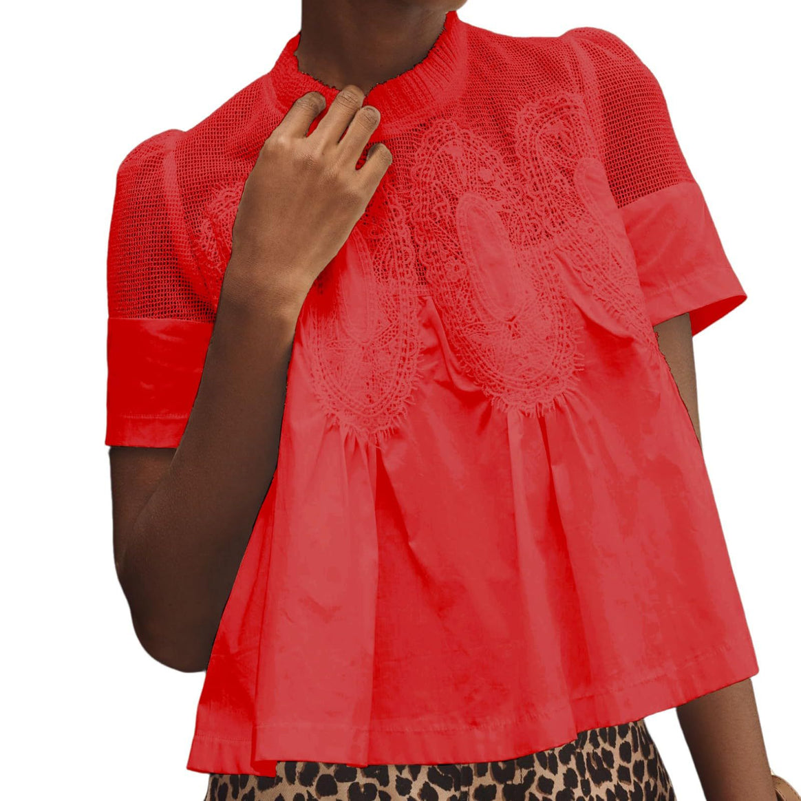 Ladies lace blouse top with stand-up collar, mesh insert and gathered A-line silhouette Mune Fashion