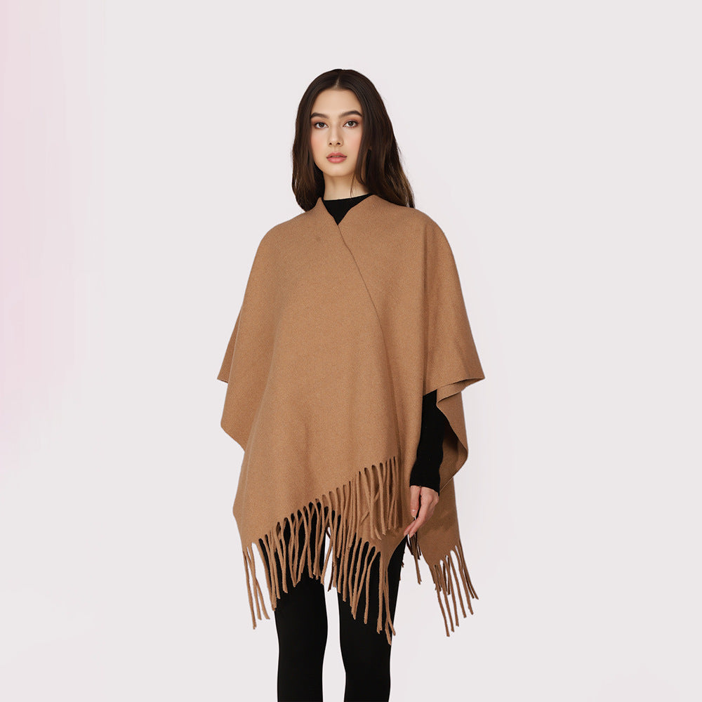 Women's Open Wool Blend Cape-Style Throw with Fringe Hem Mune Fashion