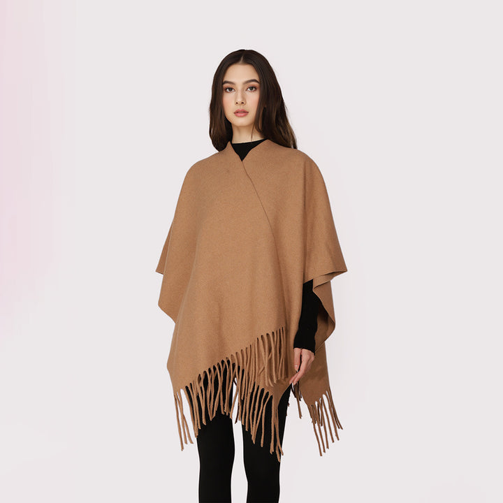 Women's Open Wool Blend Cape-Style Throw with Fringe Hem Mune Fashion