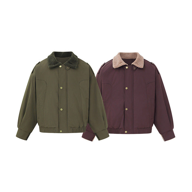 Women's short-cut boxy blouson with teddy collar and shoulder tabs Mune Fashion