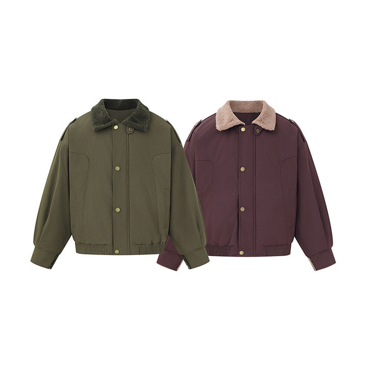 Women's short-cut boxy blouson with teddy collar and shoulder tabs Mune Fashion