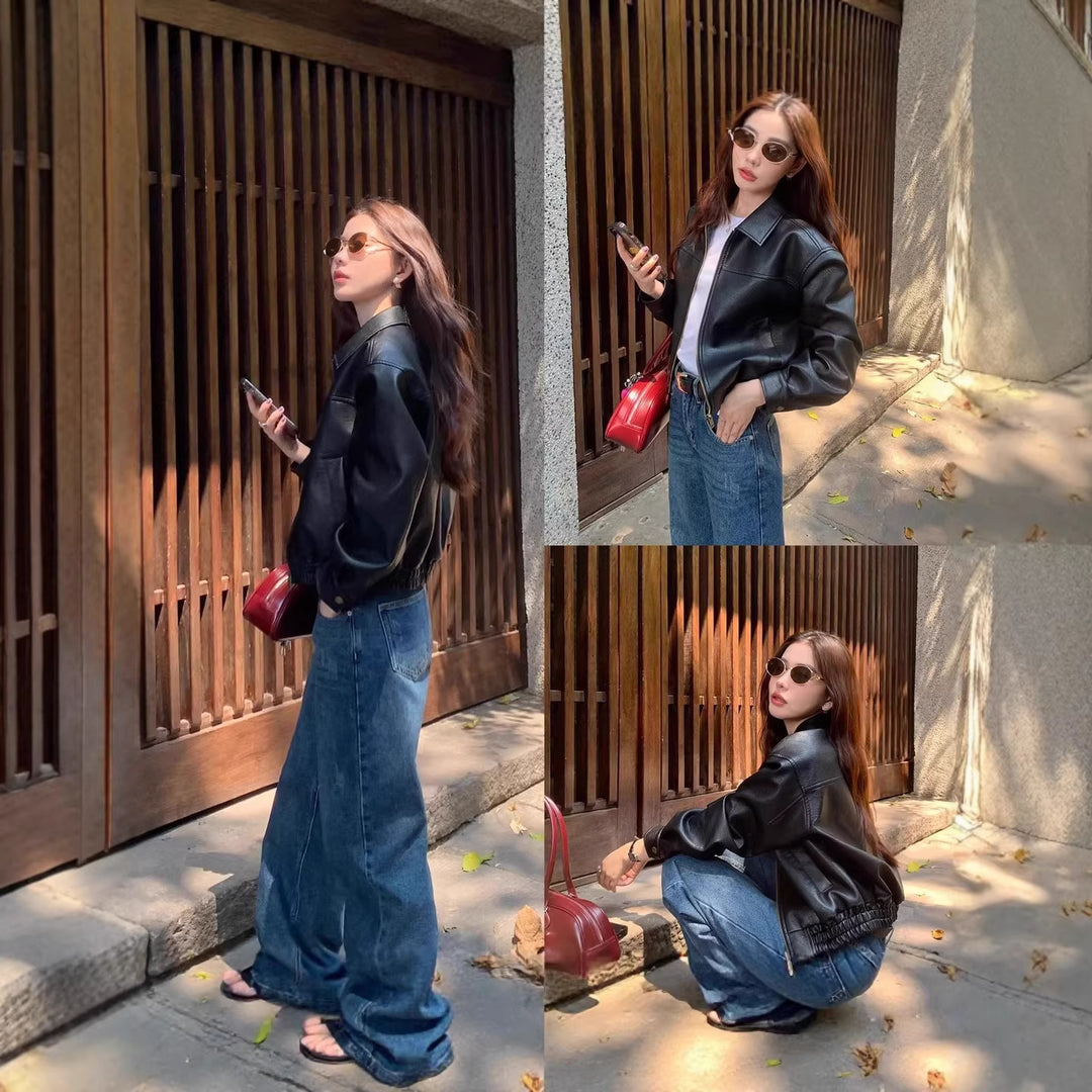 Women's Cropped Lambskin Bomber Jacket Mune Fashion