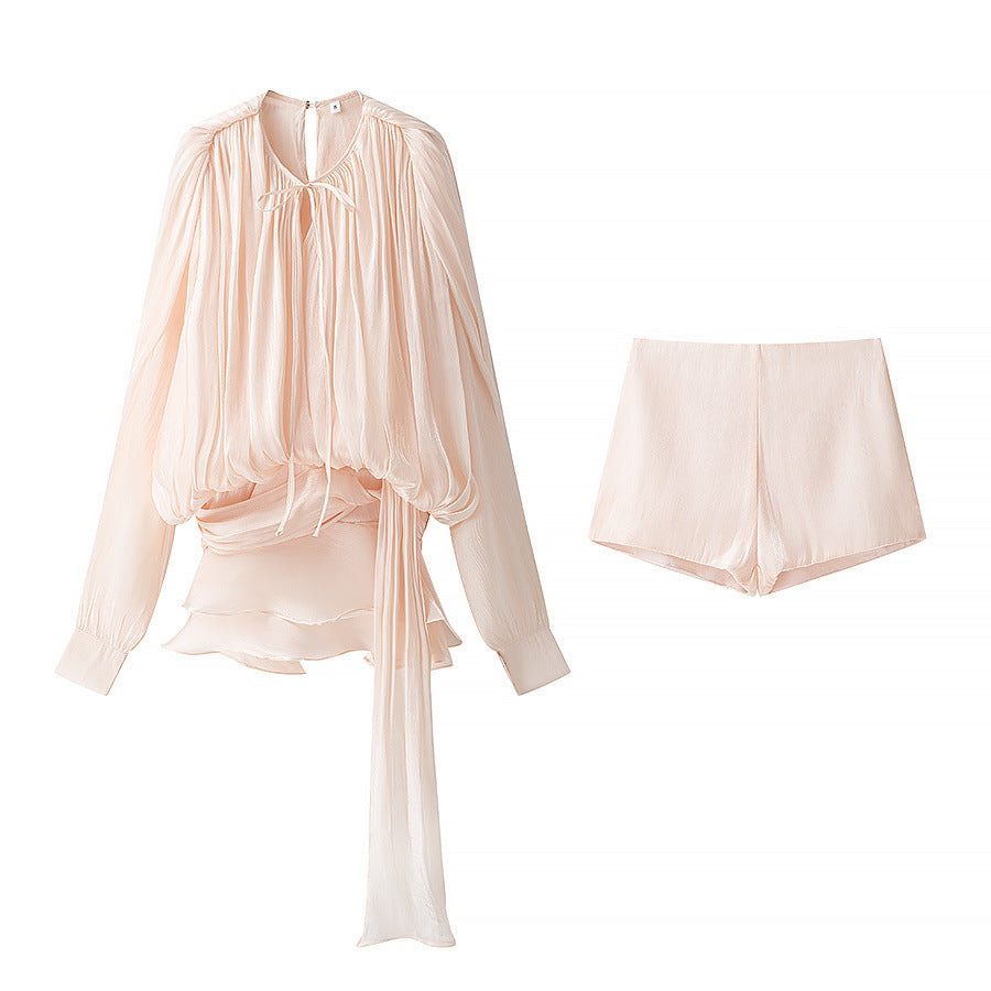 Women's airy chiffon wrap blouse set with belt and layered shorts Mune Fashion