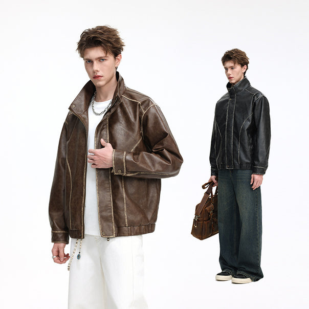 Men's leather-look jacket with stand-up collar, zipper and decorative seams Mune Fashion