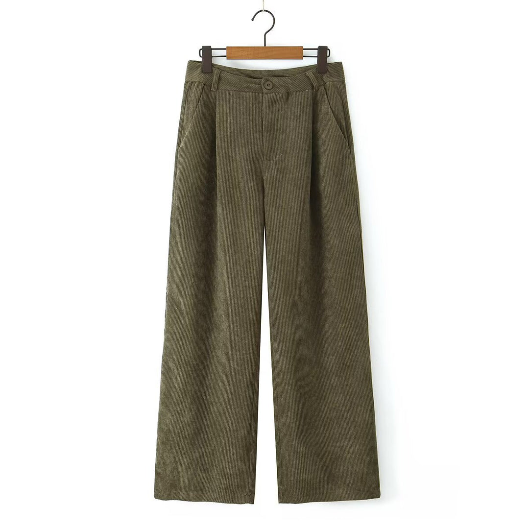 Women High-Waisted Cord Pants with Wide Leg and Pleats Mune Fashion