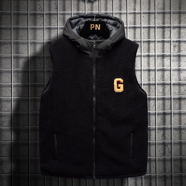 Men's Padded Teddy Fleece Vest with Hood, Full Zip and Letter Patch Mune Fashion