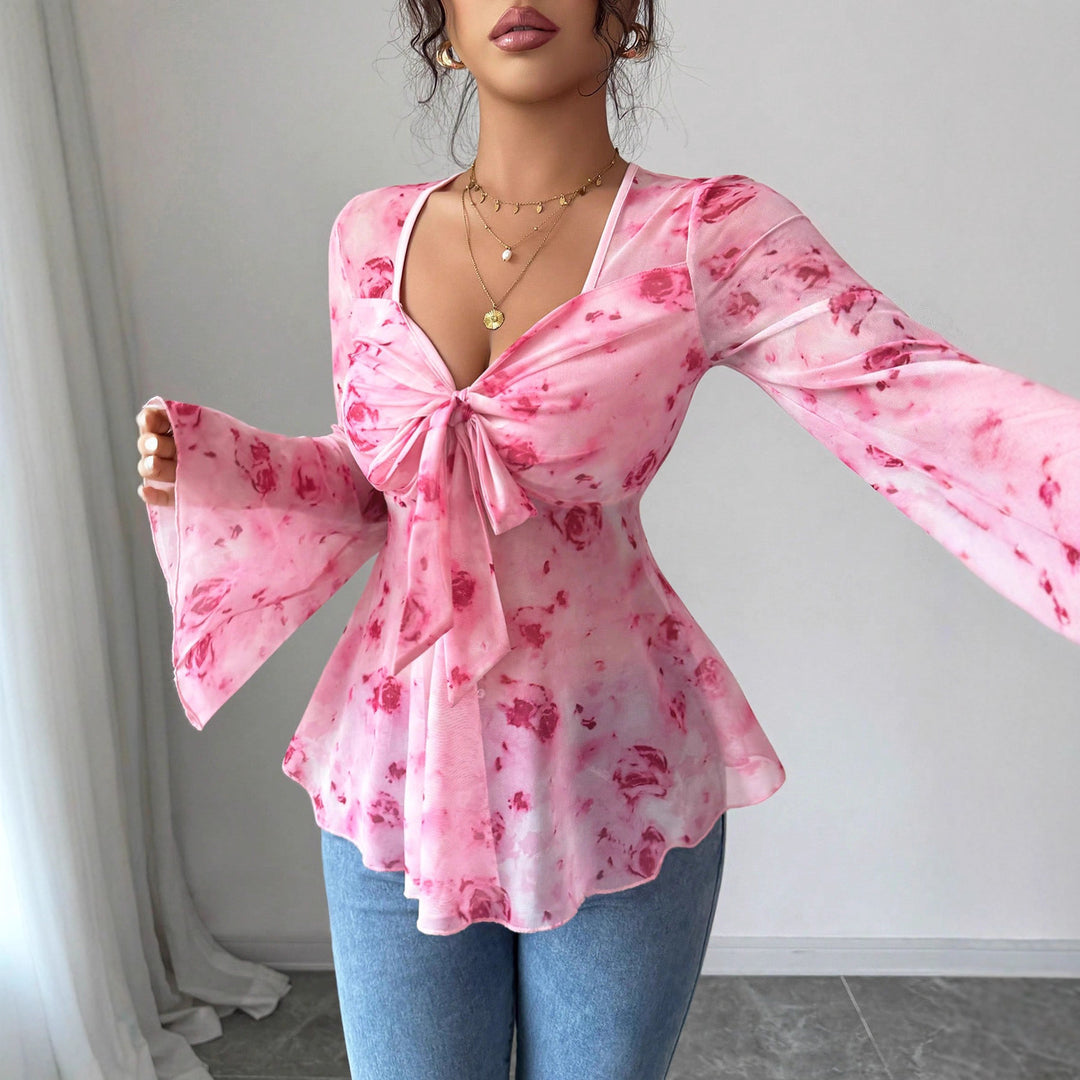 Women’s chiffon blouse with tie knot, V-neck and flared bell sleeves Mune Fashion