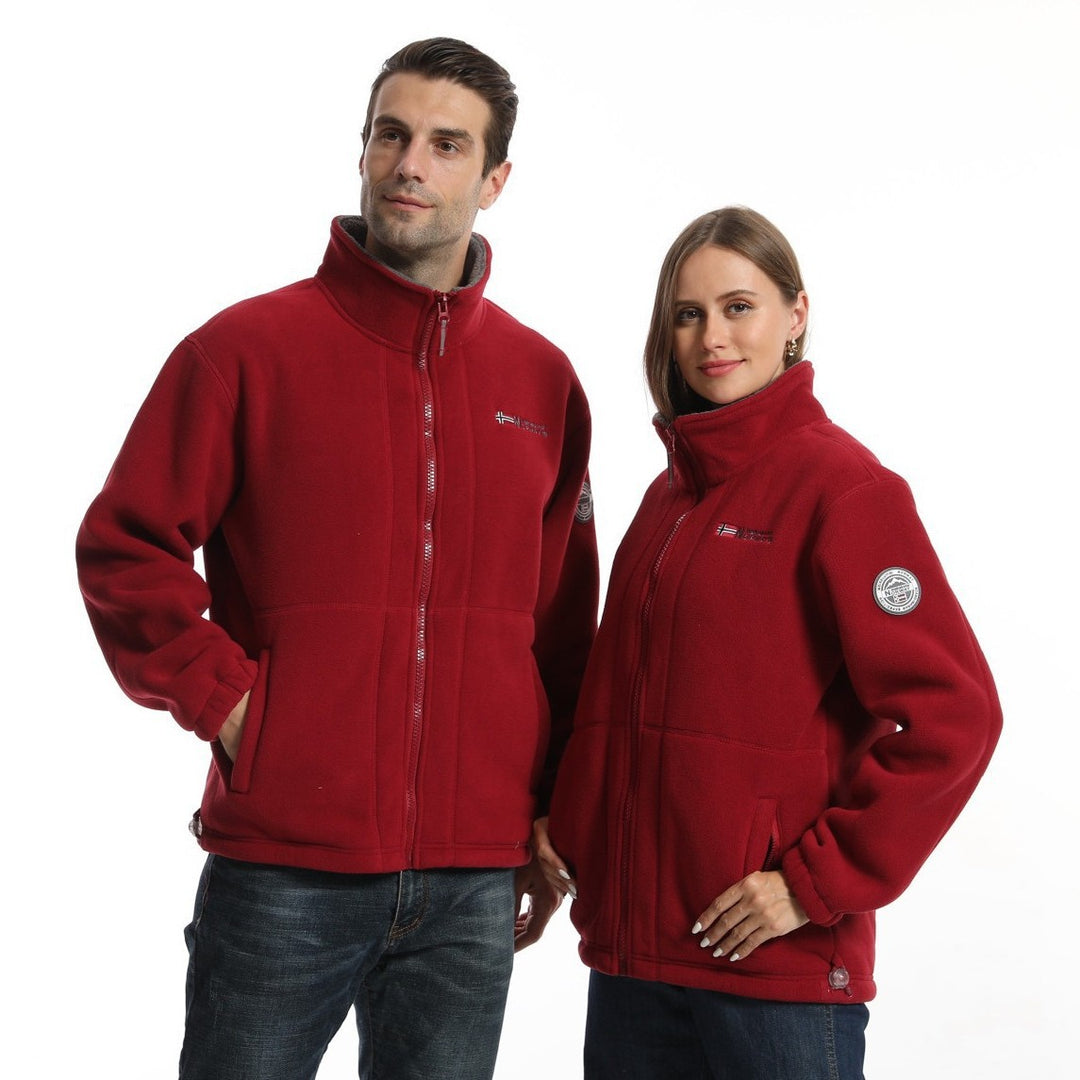 Men's fleece jacket with stand-up collar, full-length zipper, two side pockets, and elastic cuffs.