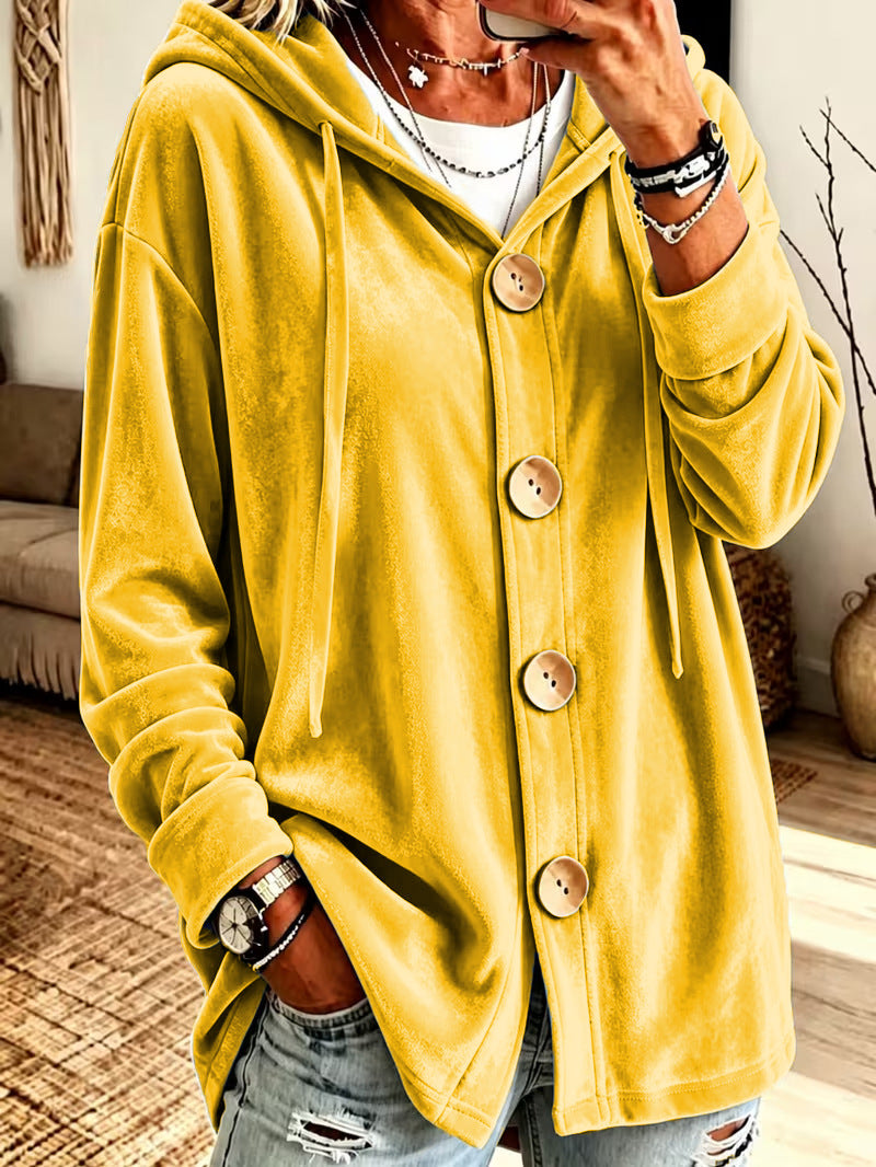 Women's Oversize Hooded Velvet Jacket with Large Wooden Buttons and Soft Velour Lining Mune Fashion