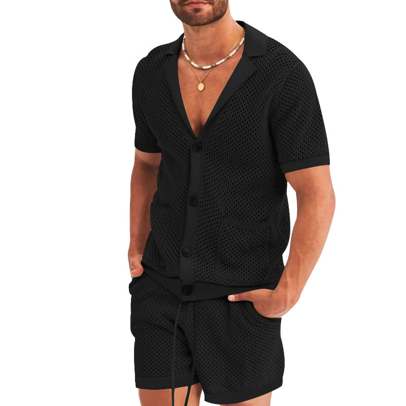 Men's open mesh knit cardigan with matching drawstring shorts Mune Fashion