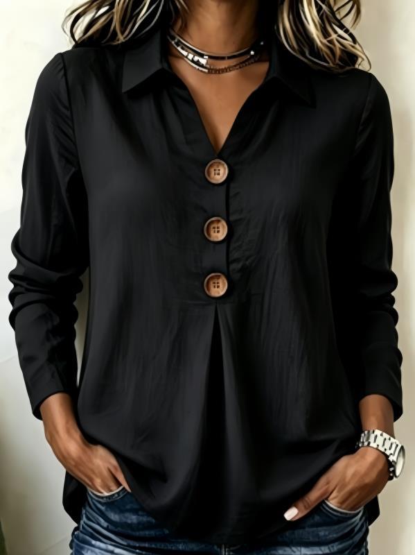 Women's Long Sleeve Shirt Blouse Top with Notched Collar and Decorative Button Placket Mune Fashion