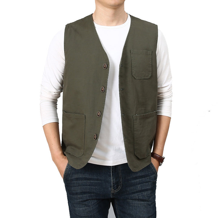 Unisex Canvas Utility Vest with striped lining, patch pockets and button closure Mune Fashion