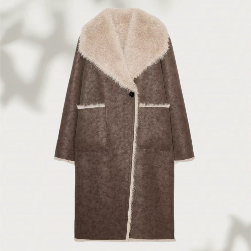 Women's Long Faux Fur Shearling Coat with Oversized Shawl Collar and Patch Pockets Mune Fashion