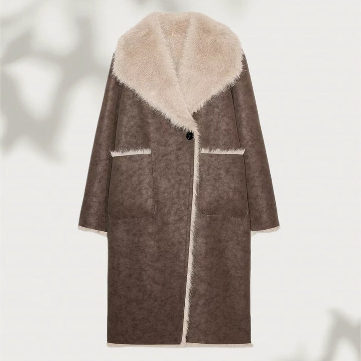 Women's Long Faux Fur Shearling Coat with Oversized Shawl Collar and Patch Pockets Mune Fashion