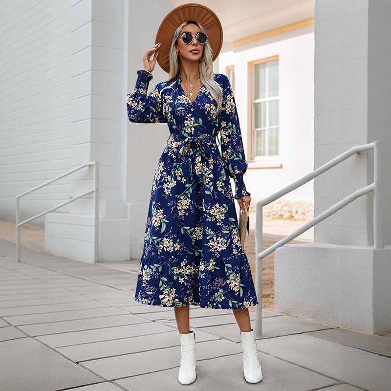 Women Floral Long Sleeve Dress with Waist Belt Mune Fashion
