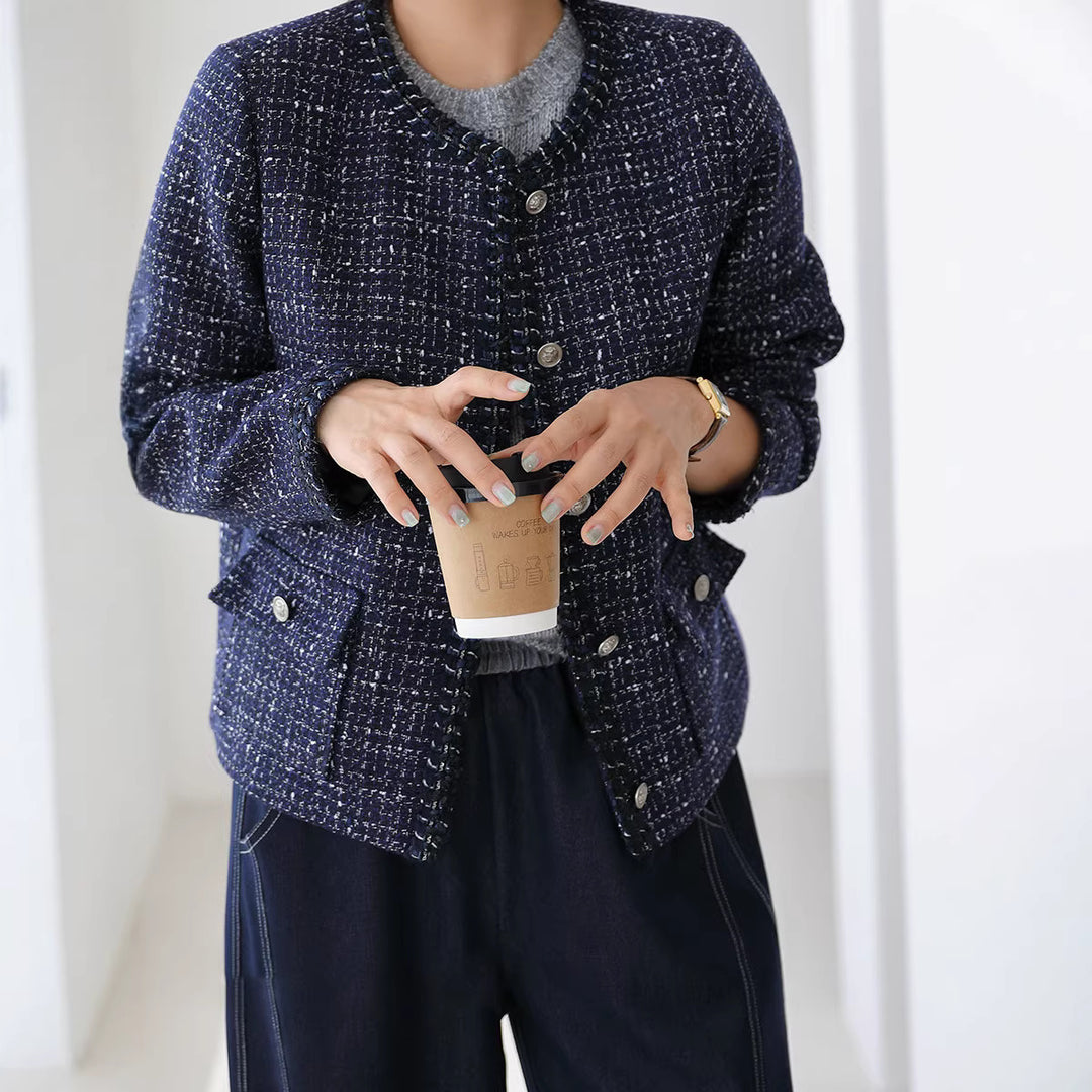 Women Elegant Short Sleeve Tweed Coat Mune Fashion