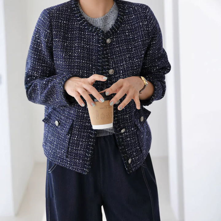 Women Elegant Short Sleeve Tweed Coat Mune Fashion