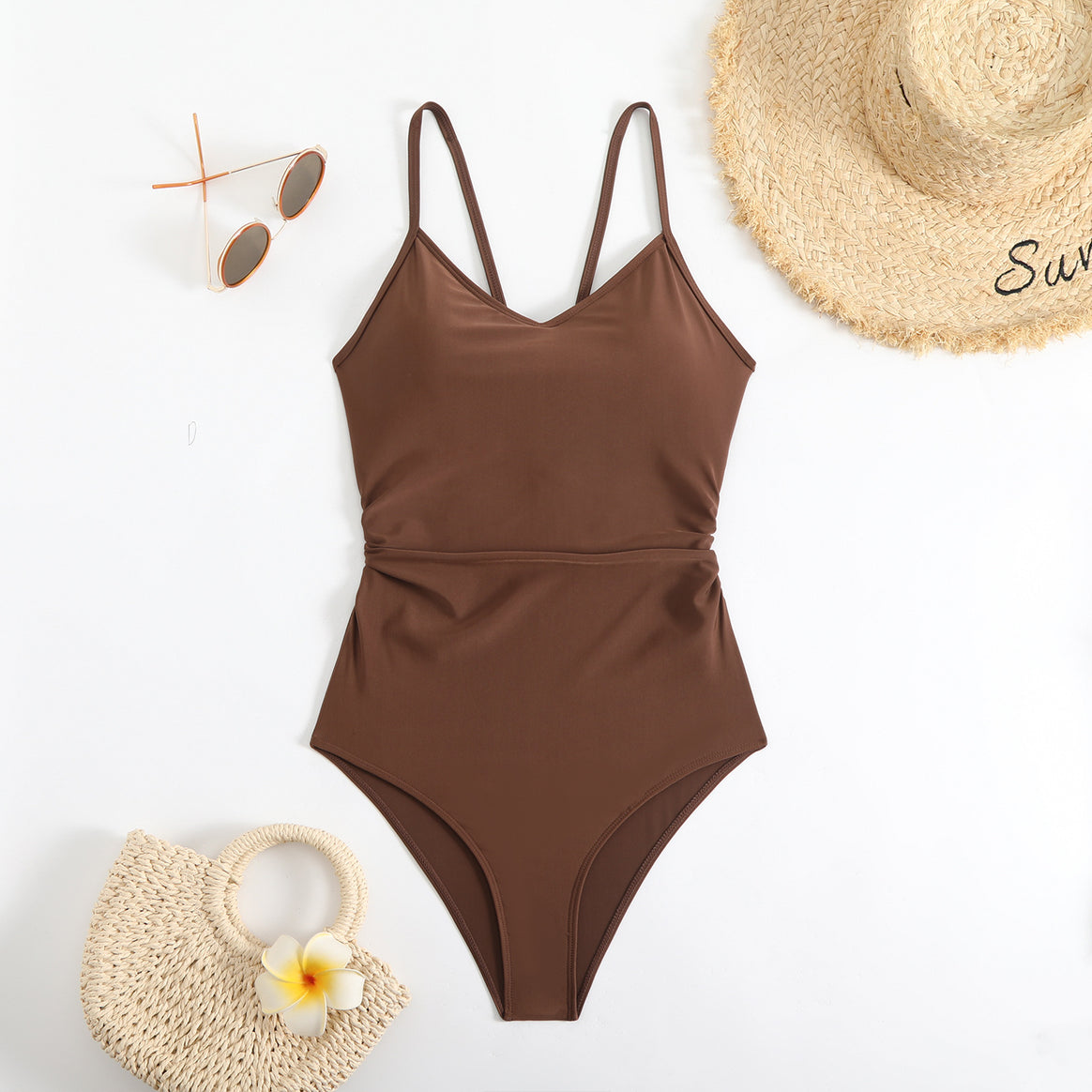Women’s one-piece swimsuit with stylish ruched top and adjustable spaghetti straps Mune Fashion