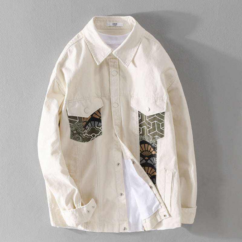 Men's Lightweight Canvas Overshirt in Worker Style with Japanese Pattern Patch and Snap Button Placket Mune Fashion