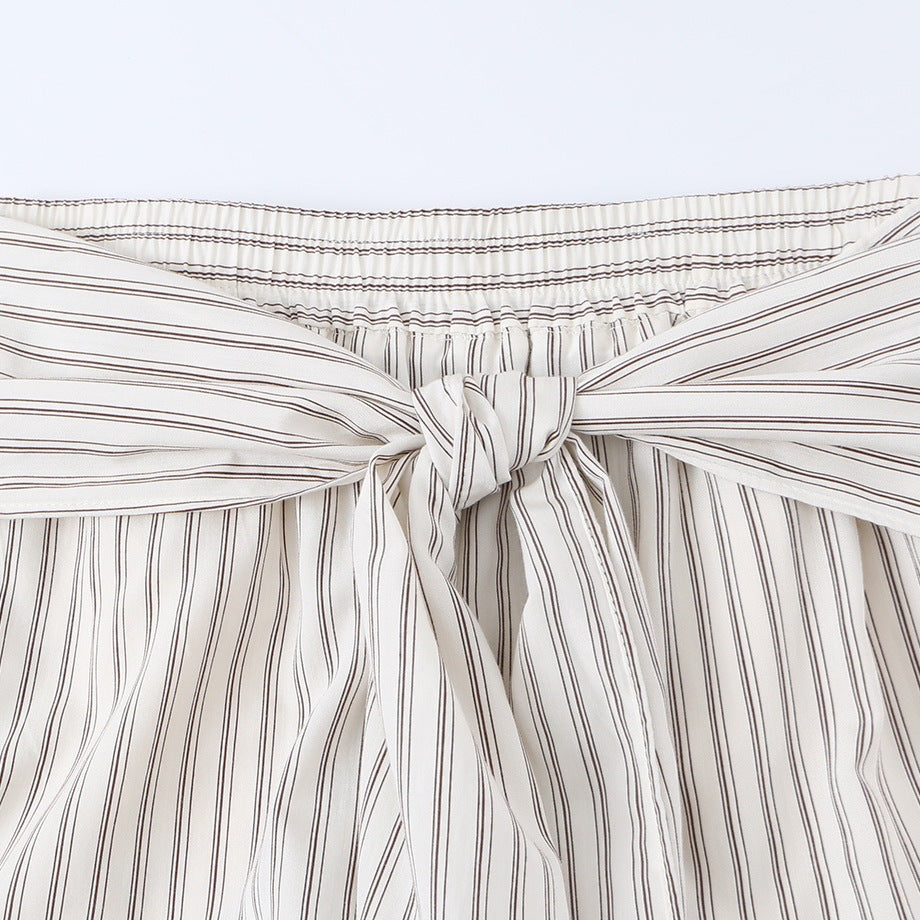 Women Wide Highwaist Trousers with Vertical Stripes and Tied Belt Mune Fashion