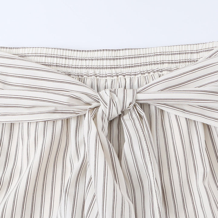 Women Wide Highwaist Trousers with Vertical Stripes and Tied Belt Mune Fashion