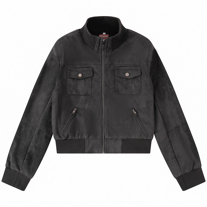 Women's Short-Cut Bomber Jacket Made of Velour Imitation with Chest Pockets and Zipper Pockets Mune Fashion