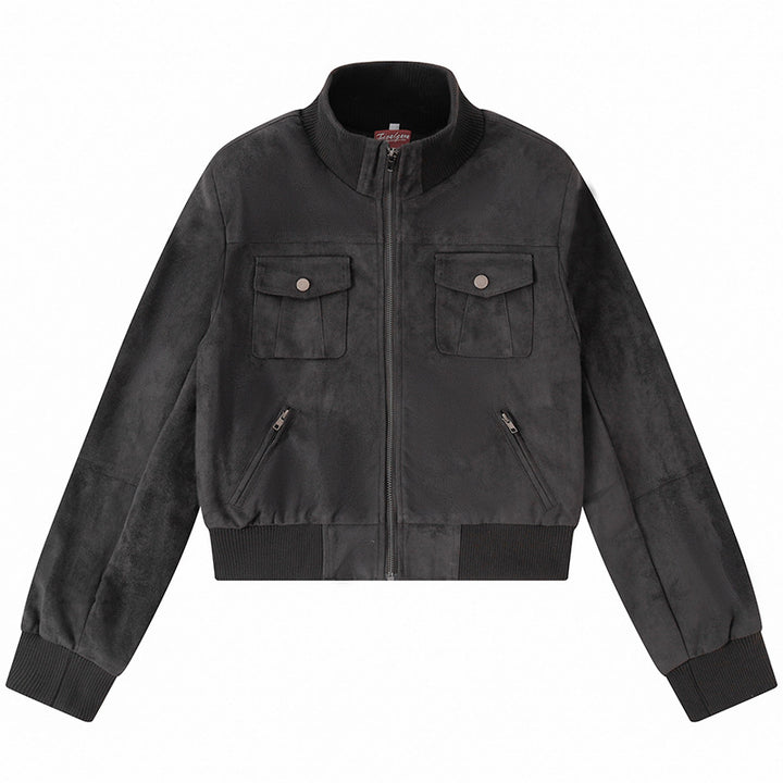 Women's Short-Cut Bomber Jacket Made of Velour Imitation with Chest Pockets and Zipper Pockets Mune Fashion