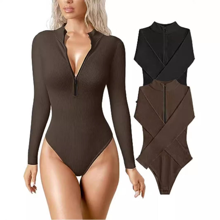 Women Slim-Fitting Ribbed Long Sleeve with Half Zip and Stand-Up Collar Mune Fashion