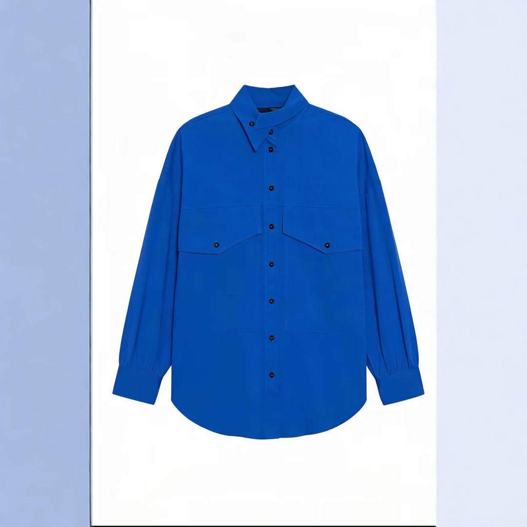 Women Oversize Shirt Blouse with Large Flap Pockets and Extended Hem Mune Fashion