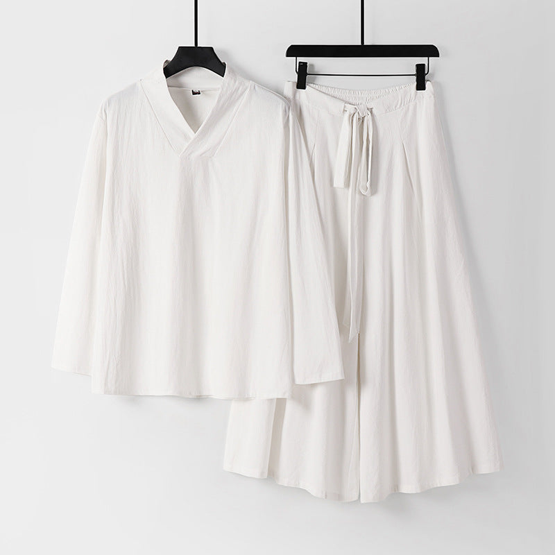 Women's Lightweight Linen-Cotton Loungewear Set with V-Neck, Wide Midi Skirt, and Tie Belt Mune Fashion