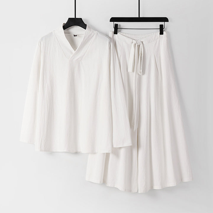Women's Lightweight Linen-Cotton Loungewear Set with V-Neck, Wide Midi Skirt, and Tie Belt Mune Fashion