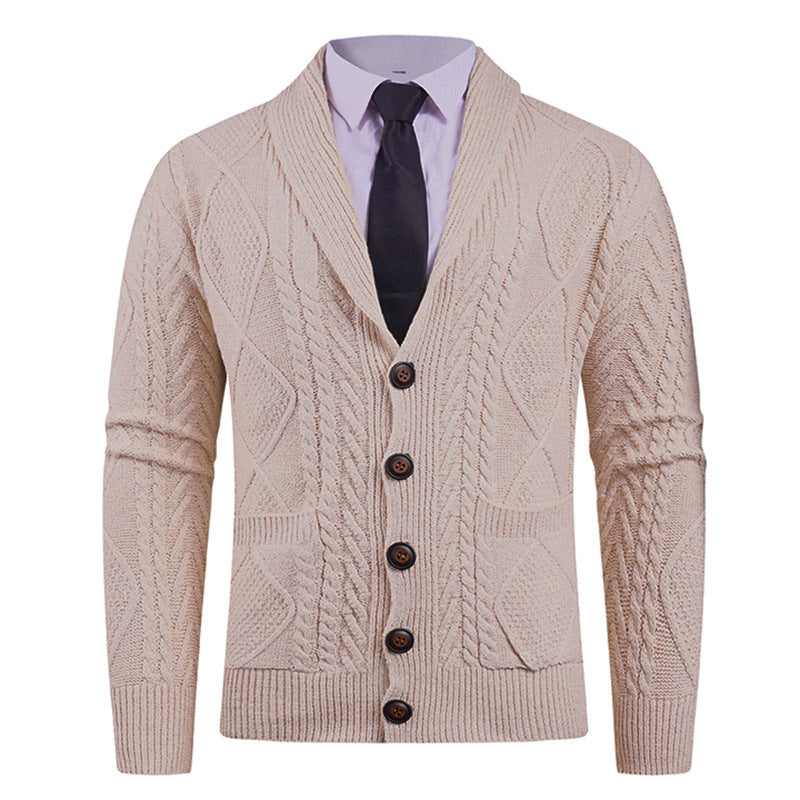 Men's knitted cardigan with shawl collar, cable pattern, patch pockets, and button placket Mune Fashion
