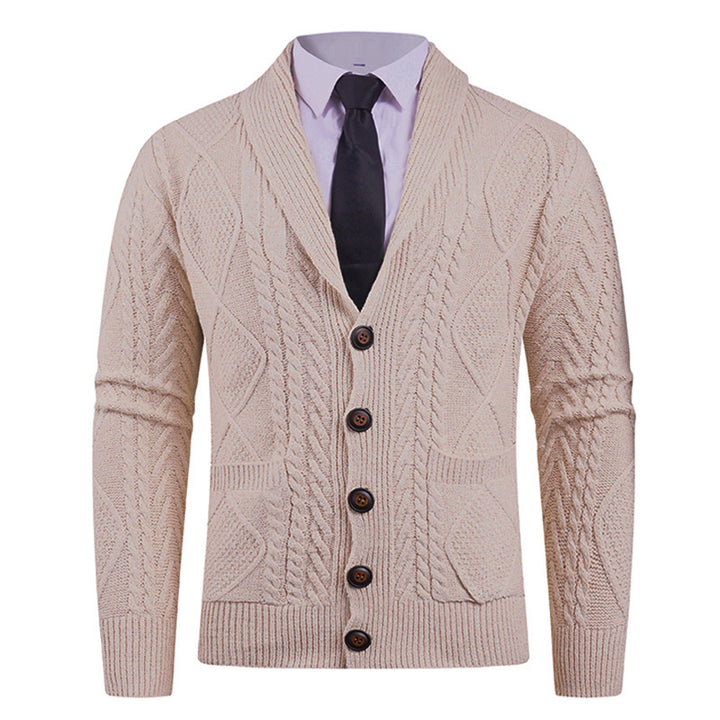 Men's knitted cardigan with shawl collar, cable pattern, patch pockets, and button placket Mune Fashion