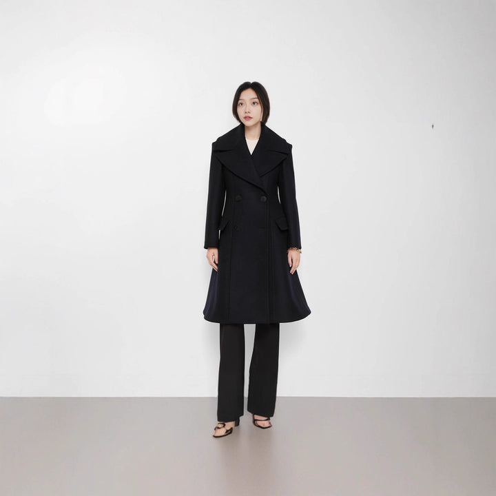 Women's Tailored Double-Breasted Wool Coat with Wide Shawl Collar and Flared Hem Mune Fashion