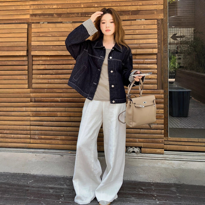 Women Boxy Denim Jacket with contrasting seams, drawstring hem and checked cuffs Mune Fashion