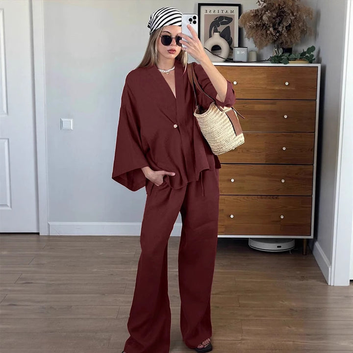 Women Casual Linen Look Two Piece with Kimono Blazer and Wide Palazzo Pants Mune Fashion