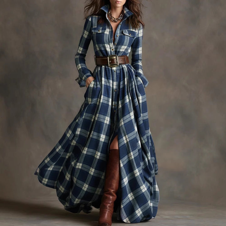 Women's Checked Maxi Dress with Shirt Blouse Top, Belted Waist and Inseam Pockets Mune Fashion