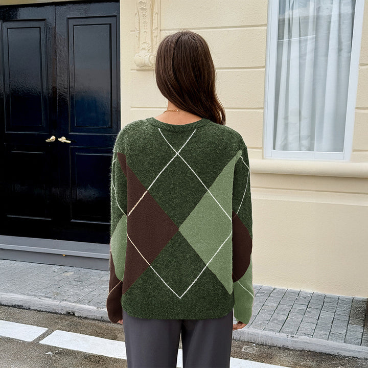 Women's oversized argyle knitted sweater with boxy cut and ribbed round neckline Mune Fashion