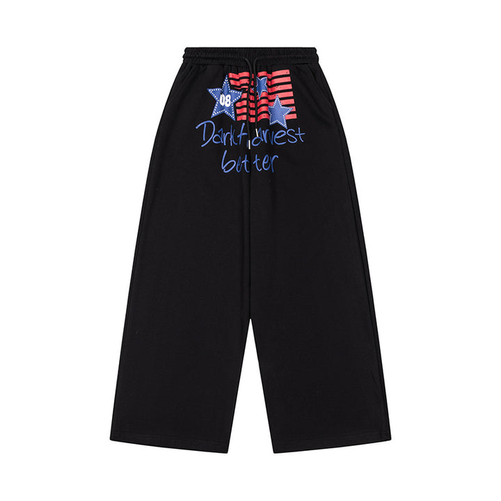 Women's Wide Culotte Lounge Pants with High Comfort Waistband, Drawstring and Star Flag Print Mune Fashion
