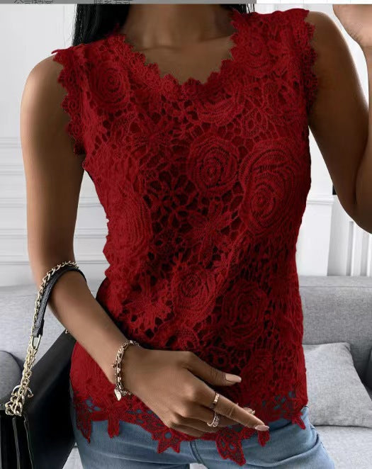 Women's lace top with V-neck, tailored silhouette and romantic wave hem Mune Fashion