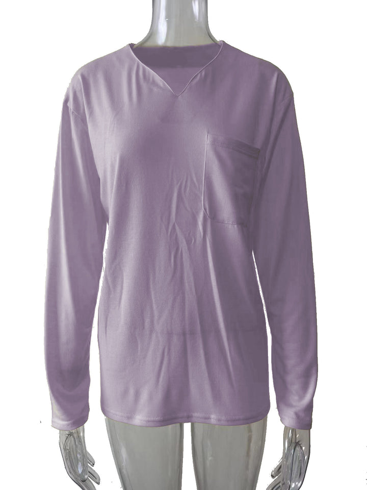 Women nan legeres Long-sleeve shirt with V-notch neckline, chest pocket, and relaxed oversized fit Mune Fashion
