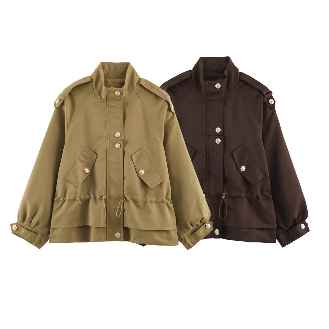Women's 10+ Short Utility Jacket with Waist Gathering, Stand Collar, and Shoulder Epaulets Drune