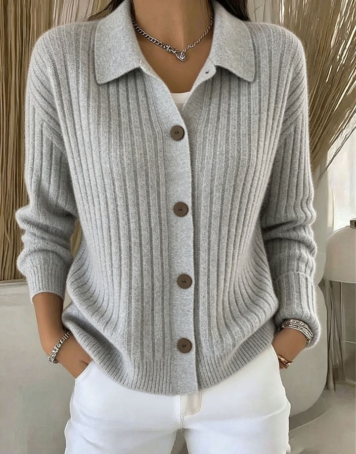 Women's Fine Ribbed Button Cardigan with Shirt Collar and Boxy Silhouette Mune Fashion