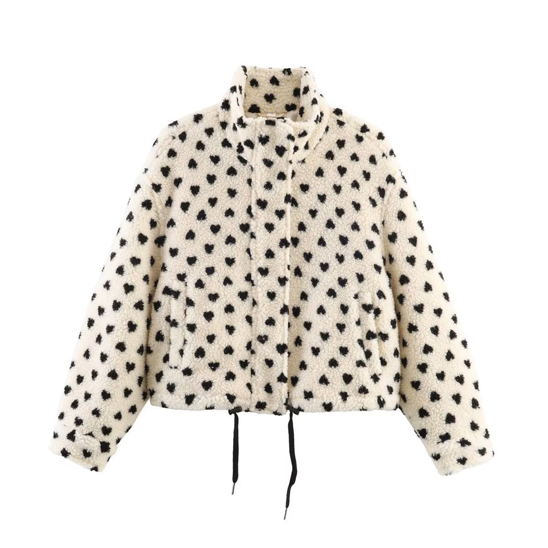 Women's Lined Teddy Jacket with Heart All-Over, Stand Collar and Drawstring Mune Fashion