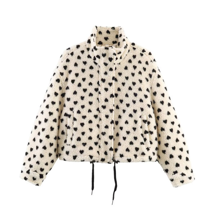 Women's Lined Teddy Jacket with Heart All-Over, Stand Collar and Drawstring Mune Fashion