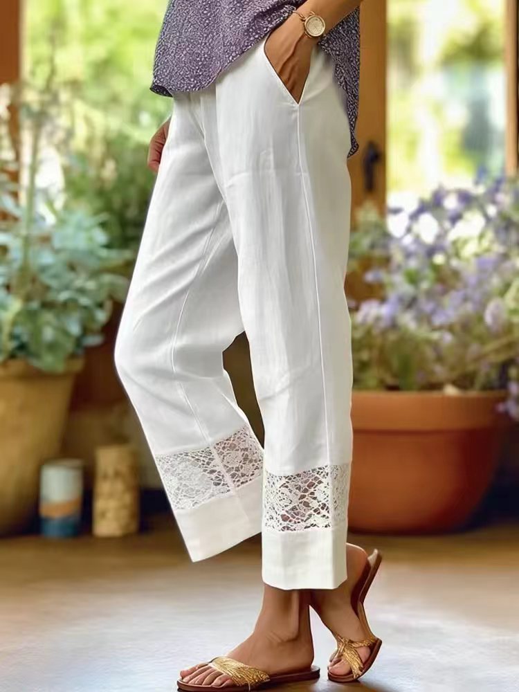 Women's Linen Look Culotte Pants with Lace Insert at Hem and Side Pockets Mune Fashion
