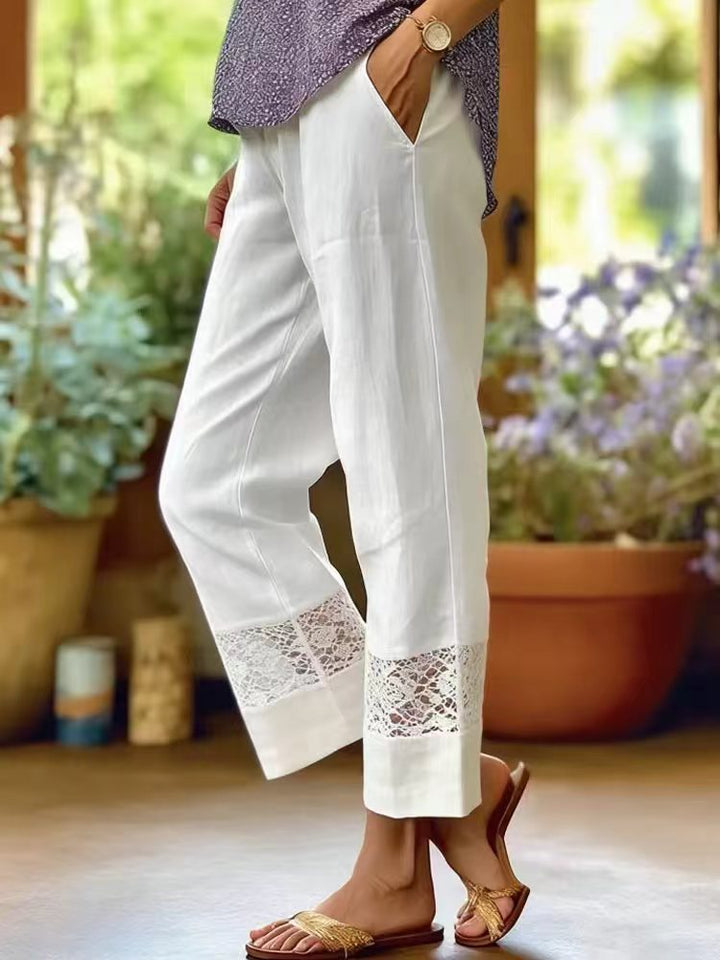 Women's Linen Look Culotte Pants with Lace Insert at Hem and Side Pockets Mune Fashion